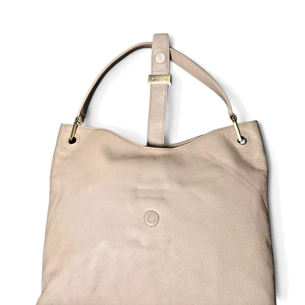 TORY BURCH Plaque Hobo Bag Blush Pebbled Leather Shoulder Purse Beige